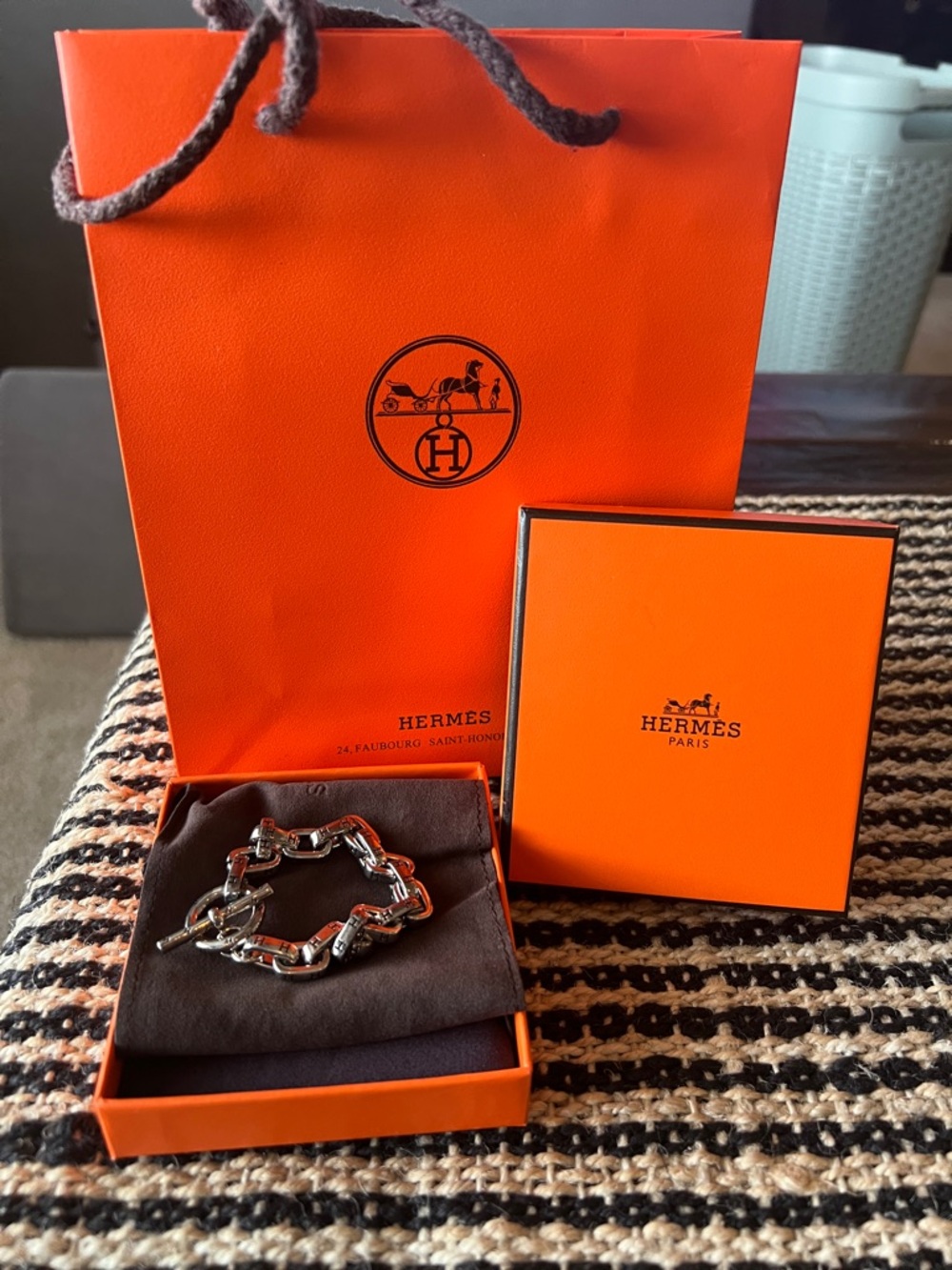 Hermes Silver Link Chain Bracelet with Iconic Orange Box